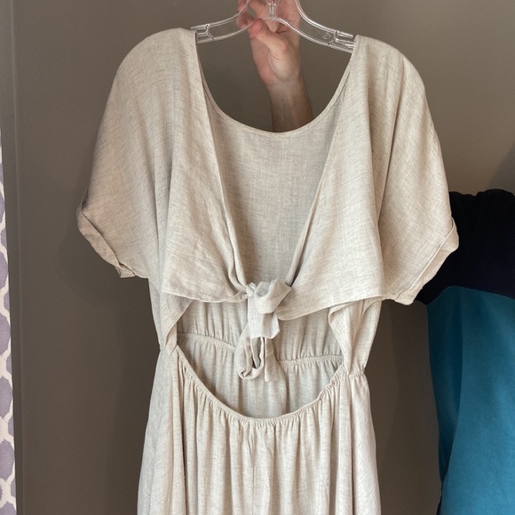 Petal and Pup Linen Blend Natural Beige Midi Tie Back Open Back Dress - Picture 6 of 9